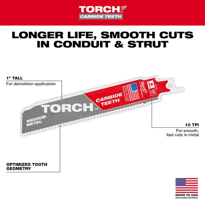 Milwaukee 6 Inch 10TPI TORCH Carbide Teeth Metal Cutting Reciprocating Saw Blade 3pk, large image number 4