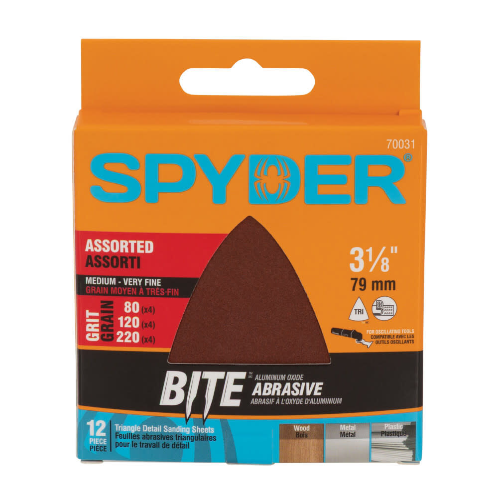 Spyder 3-1/8 Inch Triangle Detail Sander, 80/120/220 Grit Alum Oxide, 12 Pieces, large image number 1