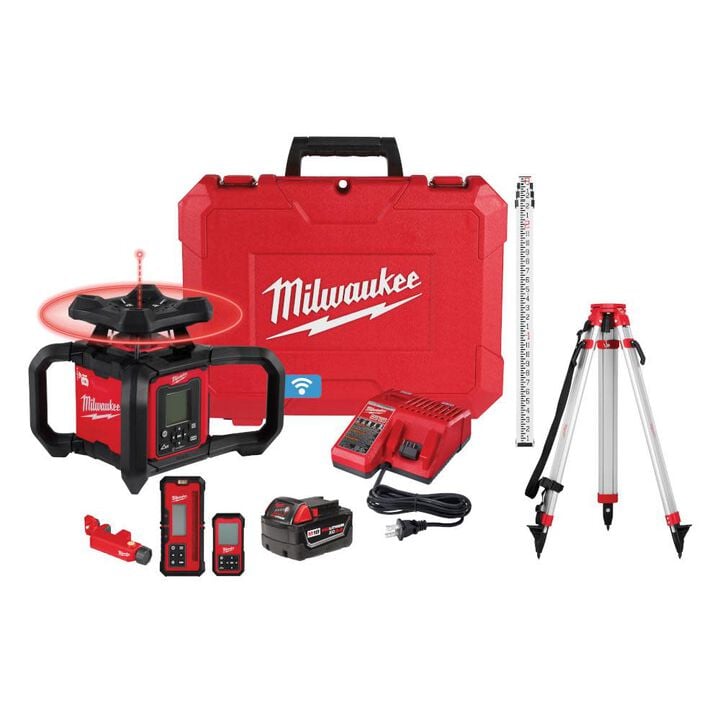 Milwaukee M18 Red Exterior Dual Slope Rotary Laser Level Kit with Receiver, Remote, Grade Rod & Tripod