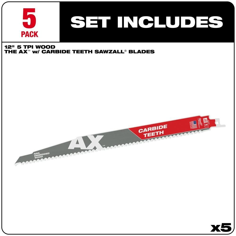 Milwaukee 12 in. 5 TPI The Ax Carbide Teeth SAWZALL Blades 5PK, large image number 2