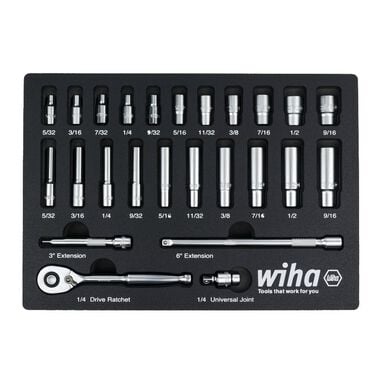 Wiha 1/4 Inch Drive Professional Standard & Deep Socket Tray Set, SAE, 25 Pieces