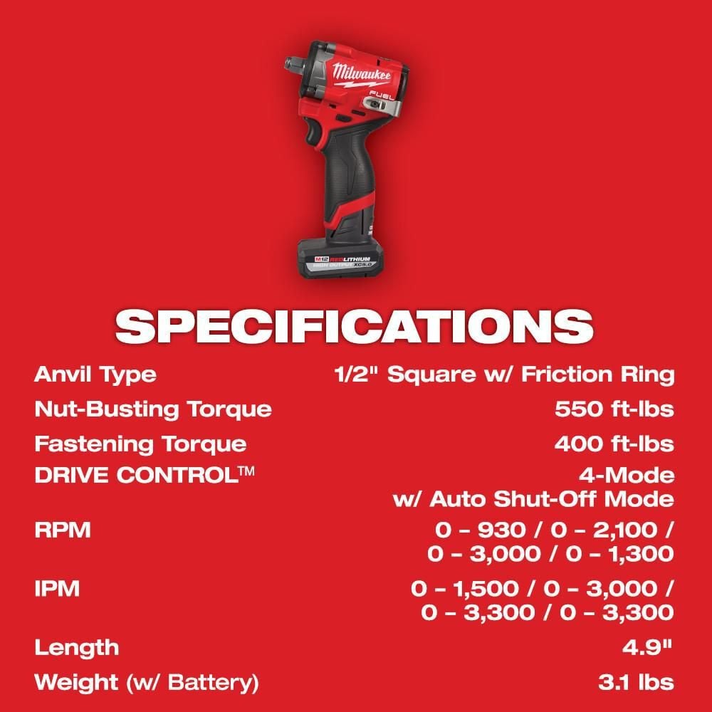 Milwaukee M12 FUEL Stubby 1/2 Inch Impact Wrench Kit, large image number 8