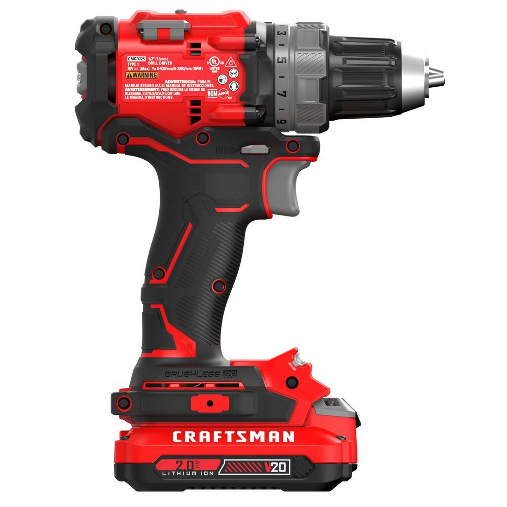 CRAFTSMAN V20 Brushless RP 1/2 Inch Drill/Driver Kit with Charger and Two 2.0 Ah Batteries, large image number 9