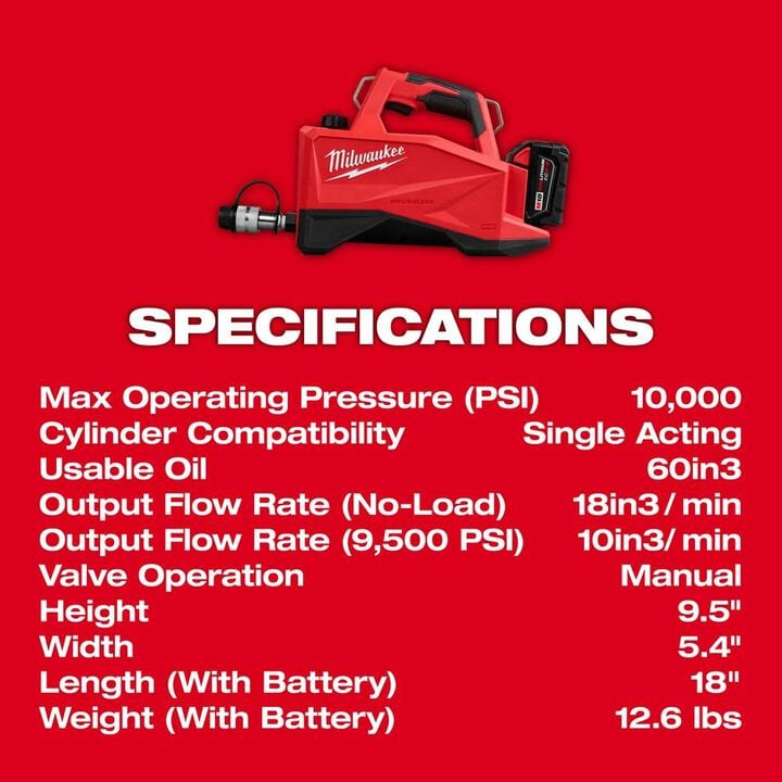 Milwaukee M18 Brushless Single Acting 60In3 10000psi Hydraulic Pump Kit, large image number 6