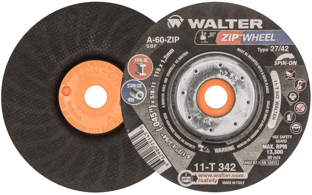 Walter Cut-Off Wheel, 4-1/2 x 3/64 x 5/8-11 Inch ZIP WHEEL SPIN-ON, Type 27/42, large image number 1