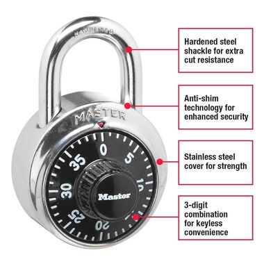 Master Lock 1.875-in Chrome with Black Dial Steel Shackle Combination Padlock, large image number 1