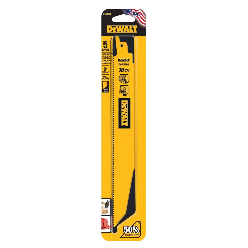 DEWALT 9 Inch 10 TPI Demolition BiMetal Reciprocating Saw Blades, 5 Pieces, large image number 2