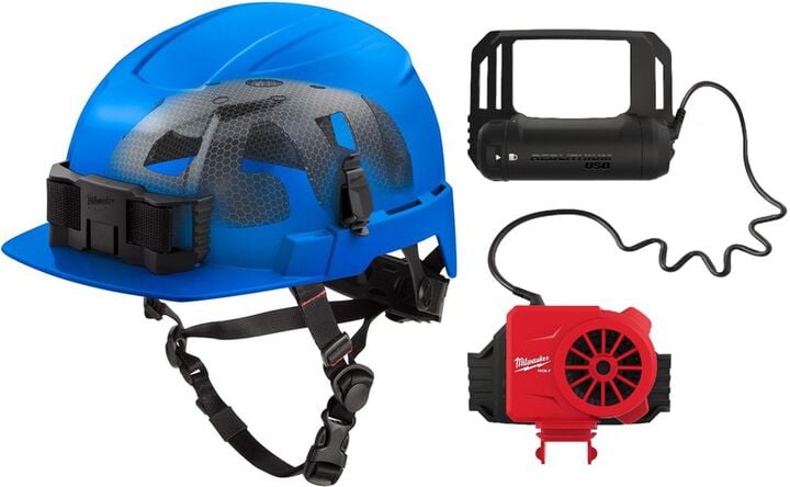 Milwaukee BOLT Blue Front Brim Safety Helmet with IMPACT ARMOR Liner Type 2 Class E & USB Cooling Fan Bundle, large image number 0