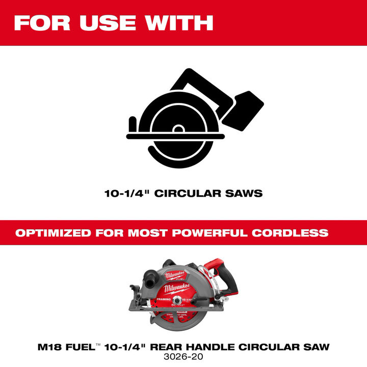 Milwaukee M18 FUEL 10-1/4 Inch Rear Handle Circular Saw Kit and 10-1/4 Inch 28T Thick Kerf Framing Circular Saw Blade Bundle, large image number 13