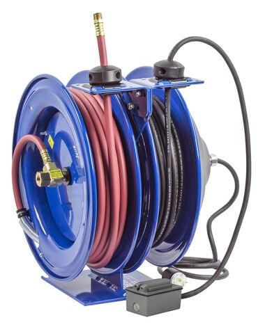 Coxreels Hose Reel Dual Purpose Spring Rewind 3/8in x 50' 300PSI GFCI Receptacle 50' cord 12 AWG
