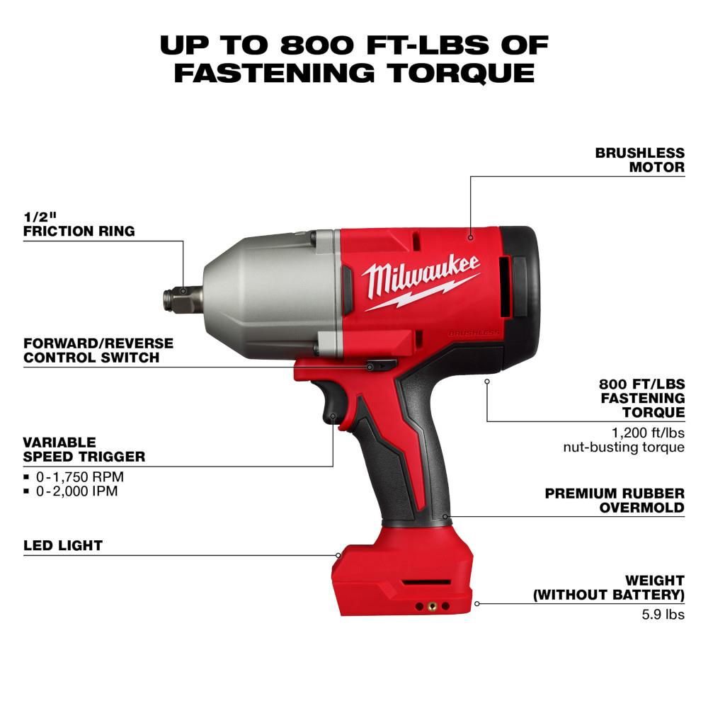 Milwaukee M18 Brushless 1/2 in High Torque Impact Wrench with Friction Ring (Bare Tool), large image number 2