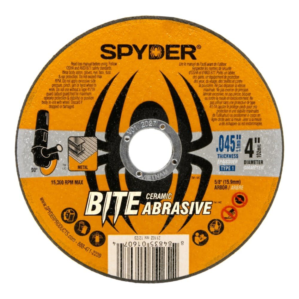 Spyder 4 Inch Ceramic Abrasive Cut Off Wheel, 5/8 Inch Arbor, 0.045 Inch Thickness, large image number 1