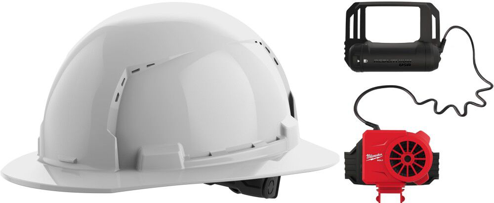 Milwaukee BOLT White Full Brim Vented Hard Hat with 6pt Ratcheting Suspension Type 1 Class C & USB Cooling Fan Bundle, large image number 1