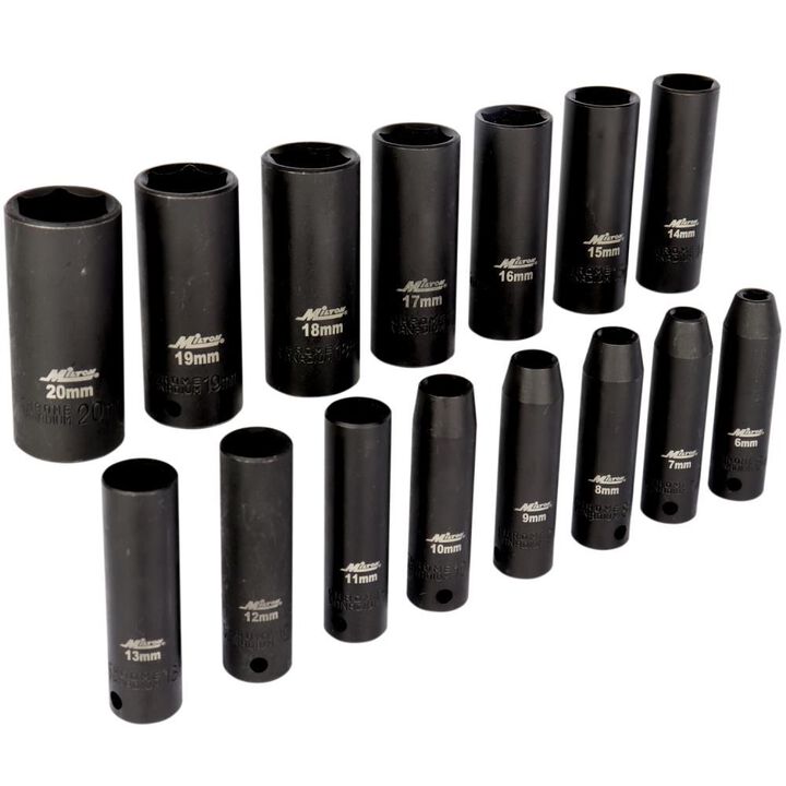 Milton 3/8 Drive Deep 6-Point Impact Socket Set 6-20mm Steel Coated Black Oxide Finish 15pc, large image number 1