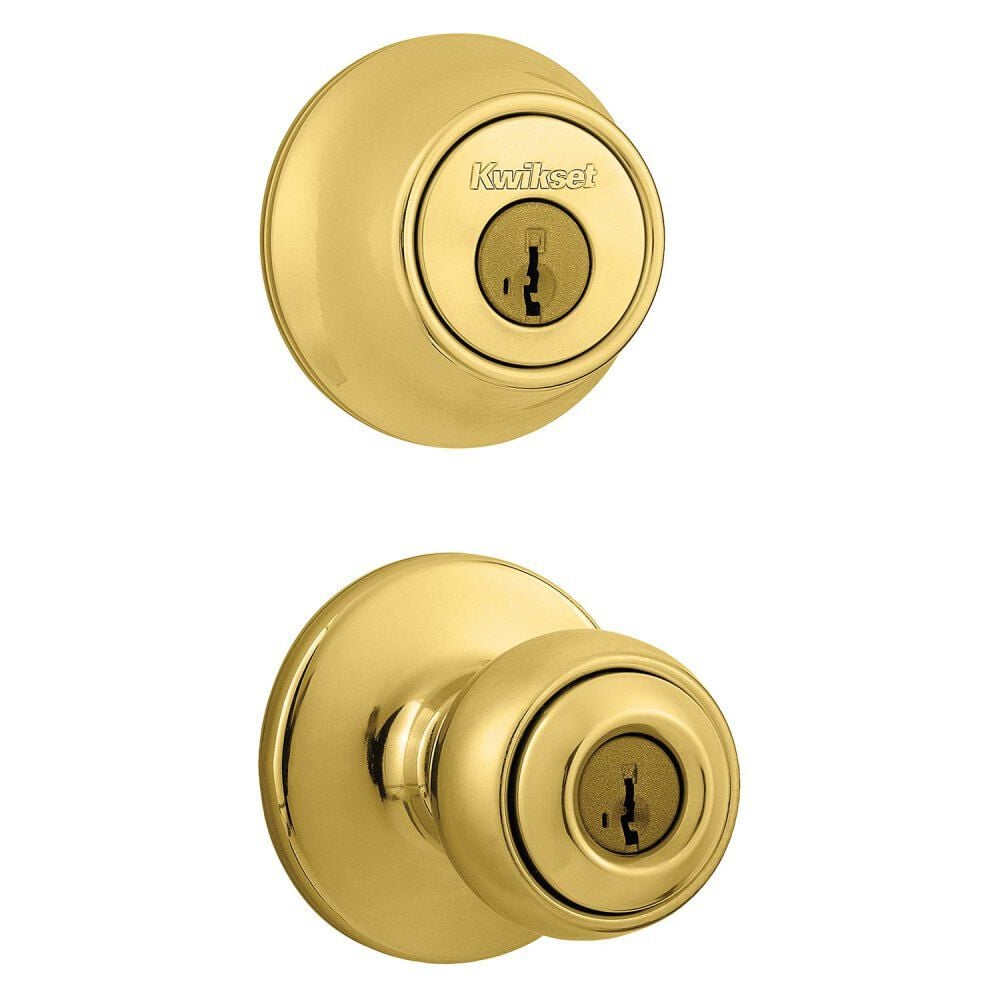 Kwikset Polished Brass Polo Door Knob & Single Cylinder Deadbolt Set – 96900-250