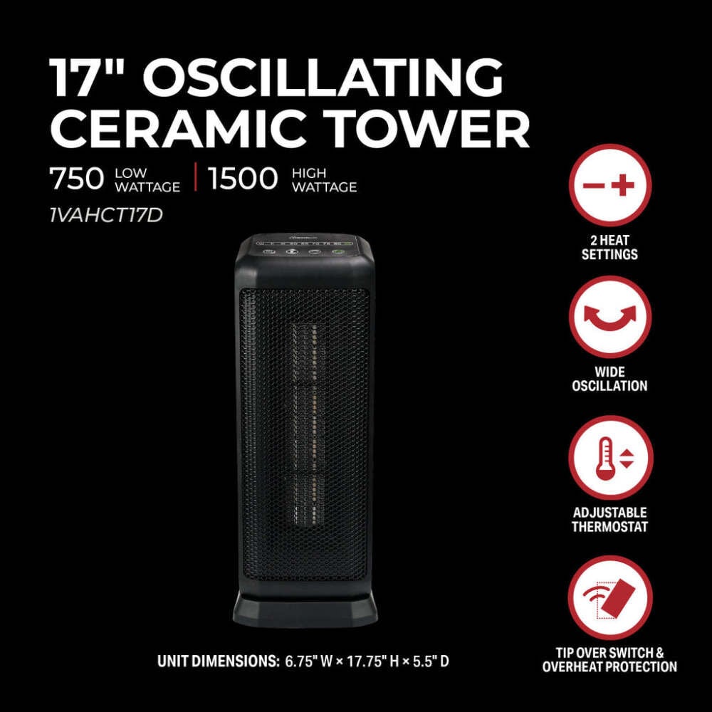 VisionAir 17 In. 750/1500W 5120 Btu 160 Sq-Ft. Ceramic Tower Heater, large image number 4
