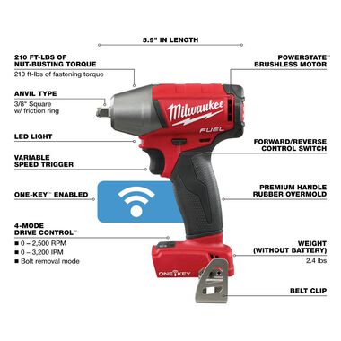 Milwaukee M18 FUEL 3/8 in. Compact Impact Wrench with Friction Ring with ONE-KEY (Bare Tool), large image number 3