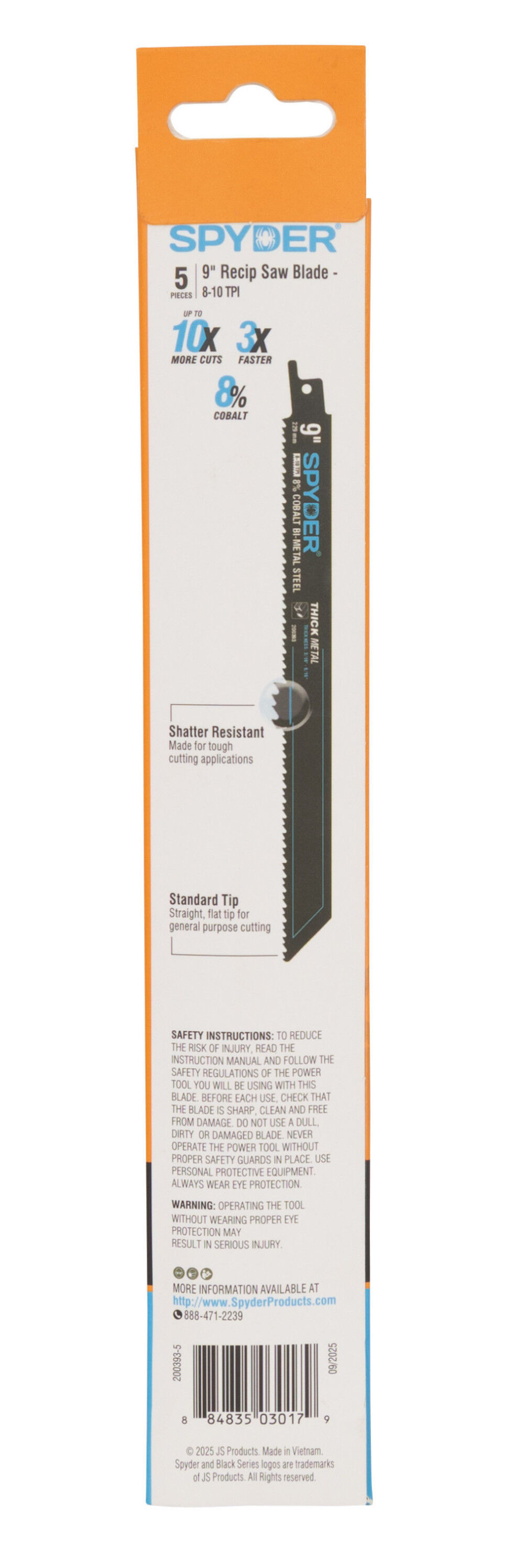Spyder 9 Inch 8-10 TPI Bi-Metal Reciprocating Saw Blade, 5 Pieces, large image number 5