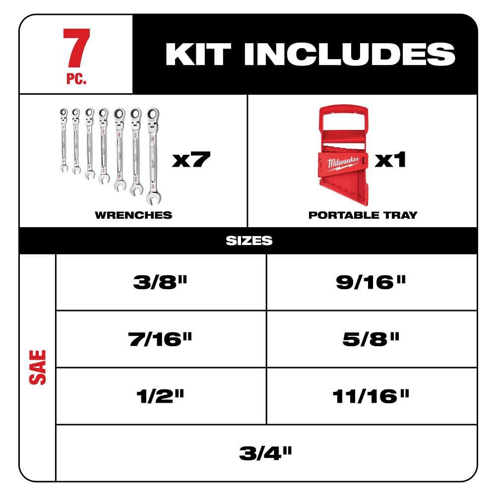 Milwaukee Combination Wrench Set Sae Flex Head Ratcheting 7pc 48 22 9429 - Image 2
