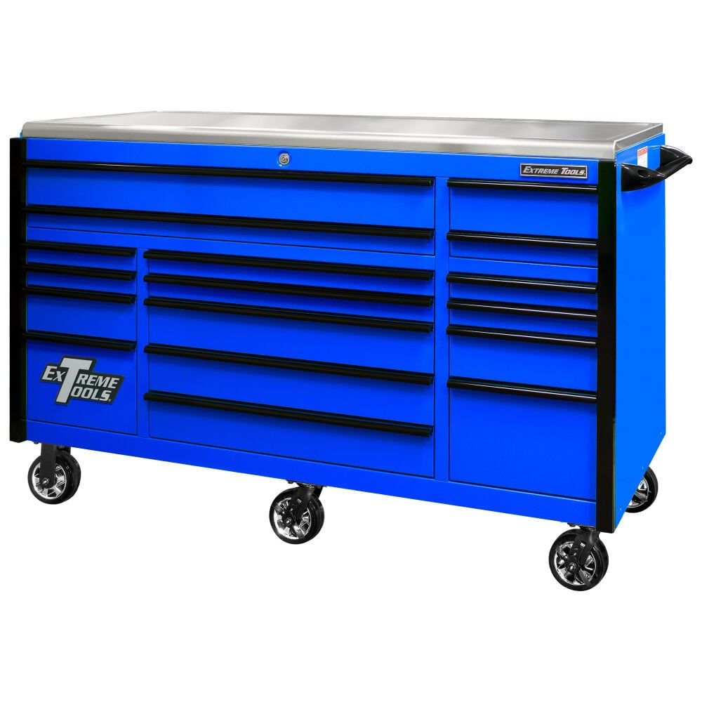 Extreme Tools 72in Blue Roller Cabinet with Black Drawer Pulls – EX7217RCQBLBK