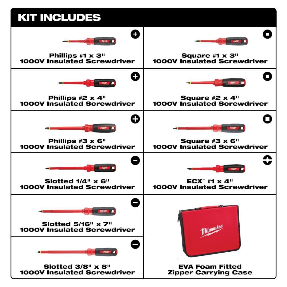 Milwaukee 10 Pc 1000v Insulated Screwdriver Set With Eva Foam Case 48 22 2210 - Image 2
