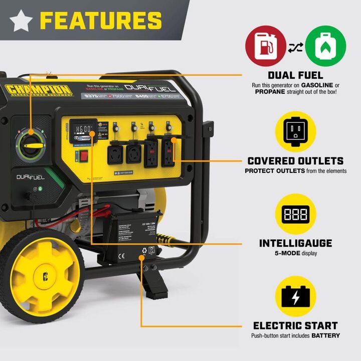 Champion Power Equipment 9375-Watt Electric Start Dual Fuel 49 State Home Backup Portable Generator, large image number 4