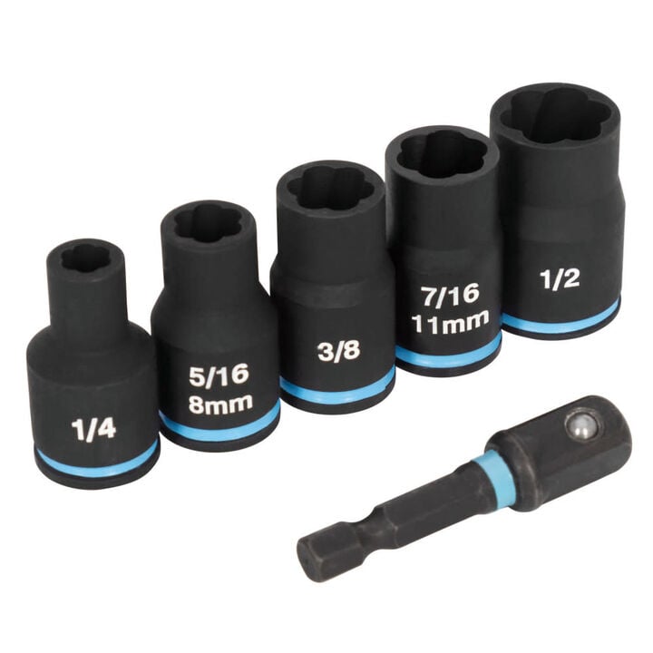 Spyder 3/8 Inch Drive SAE/Metric Extractor Impact Socket Set with Adapter, 6 Pieces