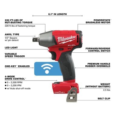 Milwaukee M18 FUEL 1/2 in. Compact Impact Wrench with Pin Detent with ONE-KEY (Bare Tool), large image number 2