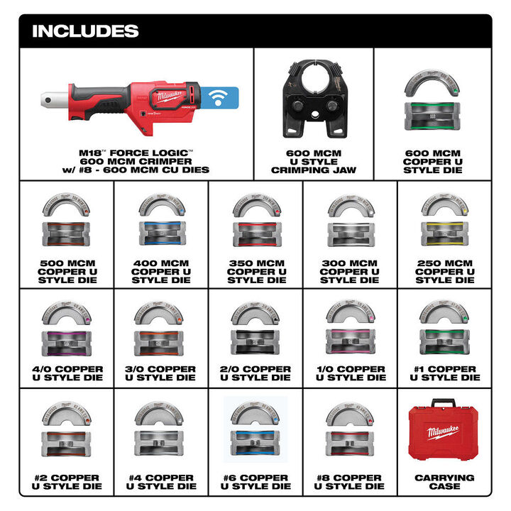 Milwaukee M18 FORCE LOGIC 600 MCM Crimper with #8 - 600 MCM Cu Dies (Bare Tool), large image number 1