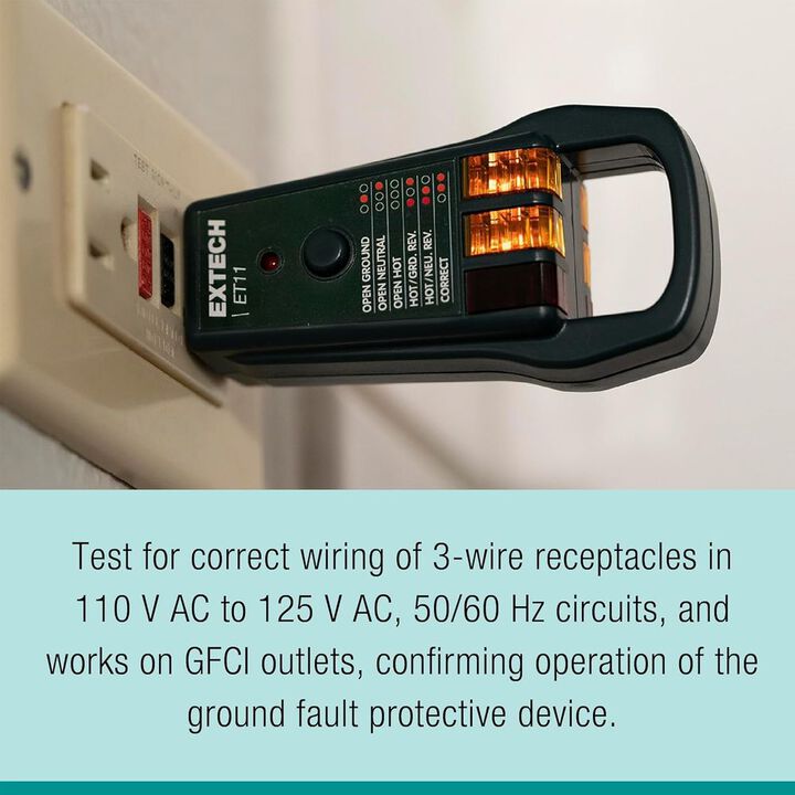 Extech 120V 50/60Hz GFCI Receptacle Tester With Pull Bar, large image number 3