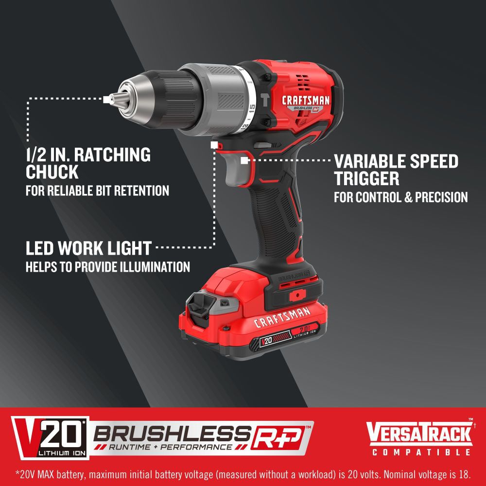 CRAFTSMAN V20 BRUSHLESS RP Cordless 1/2 Inch Hammer Drill With Two 2.0 Ah Batteries and Charger, large image number 3