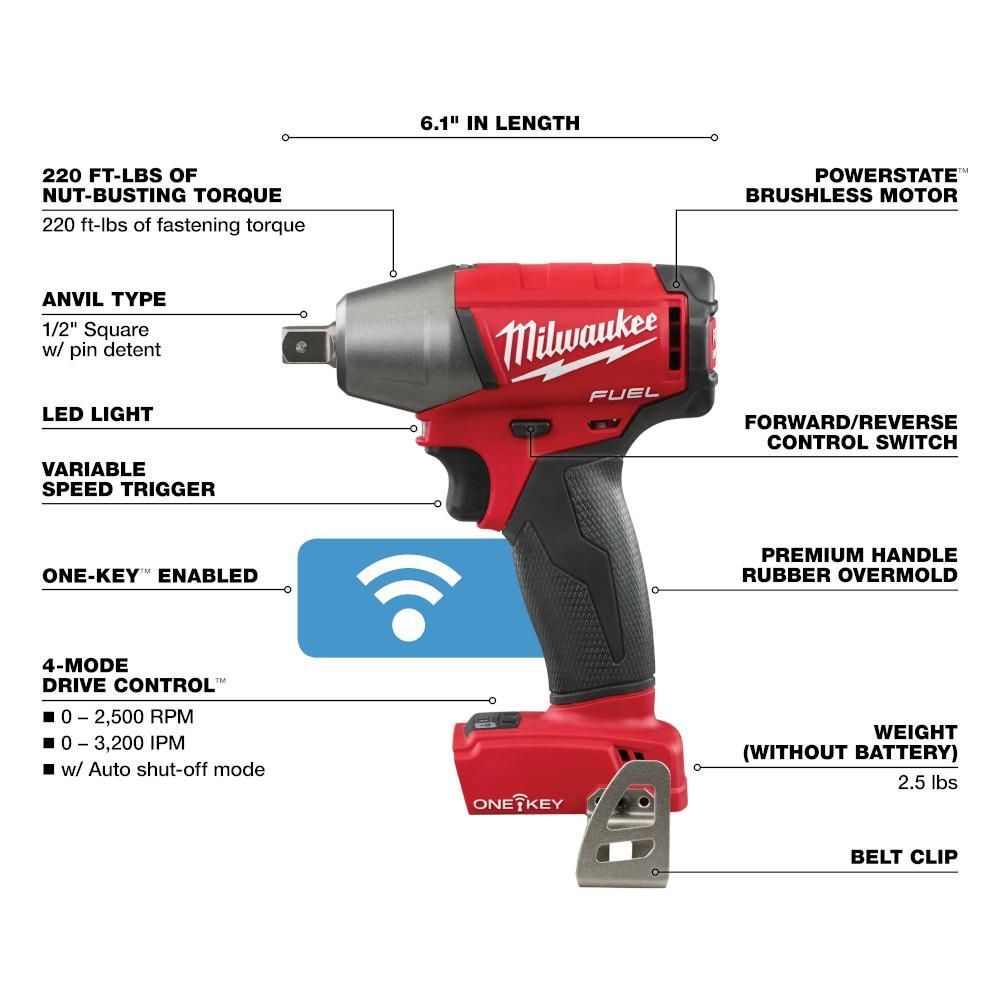 Milwaukee M18 FUEL 1/2 in. Compact Impact Wrench with Pin Detent with ONE-KEY (Bare Tool), large image number 3