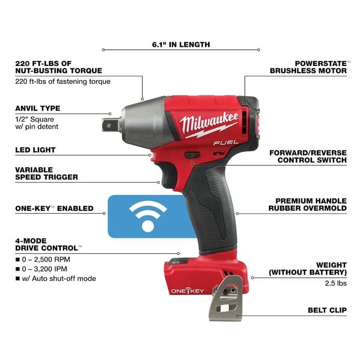 Milwaukee M18 FUEL 1/2 in. Compact Impact Wrench with Pin Detent with ONE-KEY (Bare Tool), large image number 2