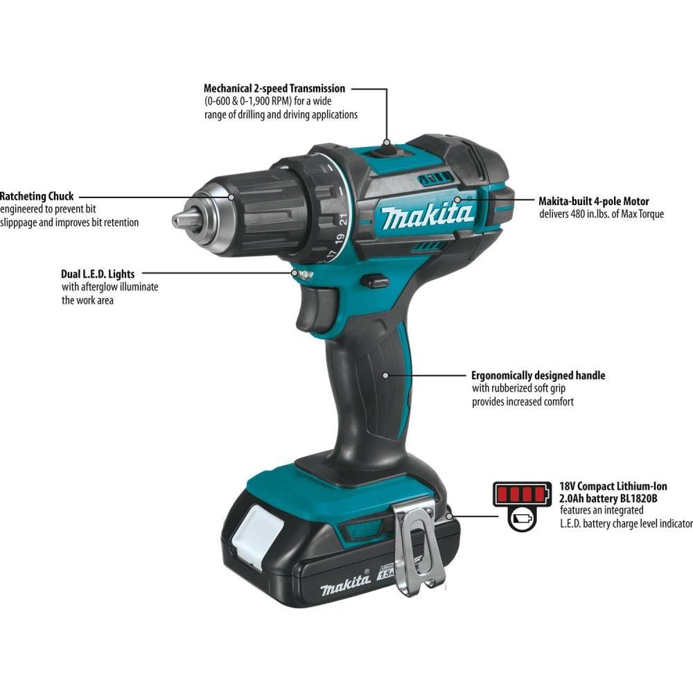 Makita 18V LXT Lithium-Ion Compact Cordless 1/2in Driver-Drill Kit (1.5Ah), large image number 8