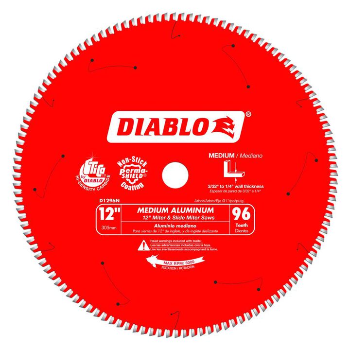 Diablo Tools 12 inch x 96 Tooth TCG Medium Aluminum Cutting Miter Saw Blade with 1 inch Arbor