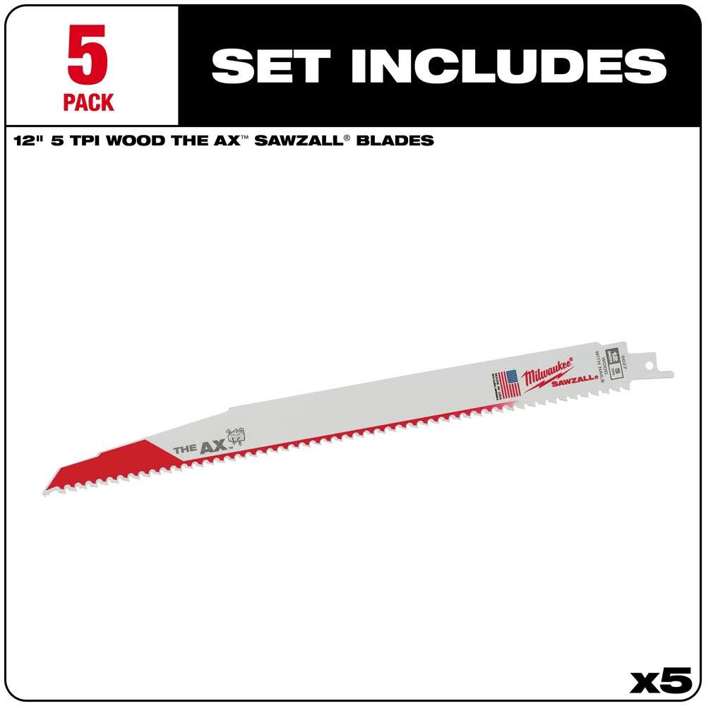 Milwaukee 12 in. 5 TPI The Ax SAWZALL Blade 5PK, large image number 2