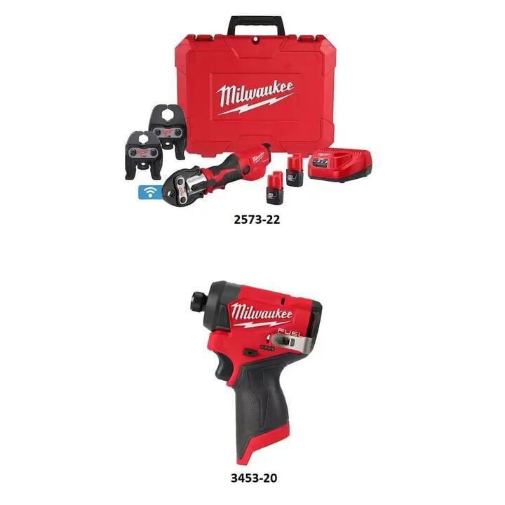 Milwaukee M12 Press Tool with 1/2 - 1 Inch Jaws Kit and M12 1/4 Inch Hex Impact Driver (Bare Tool) Bundle, large image number 1