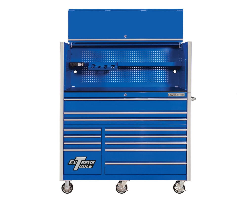 Extreme Tools RX Series 55in. Extreme Power Workstation and 55in. 12 Drawer Roller Cabinet Combo (model numbers RX552501HC and RX552512RC-X) is the
