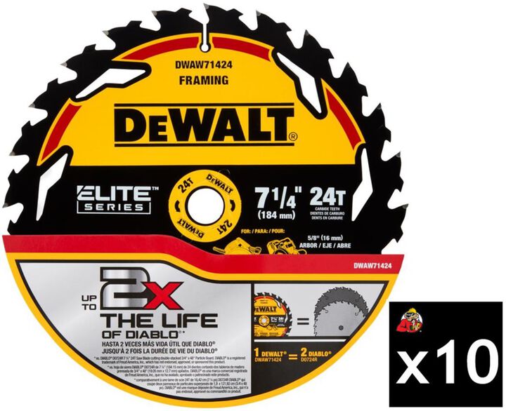 DEWALT Elite Series 7 1/4 Inch 24T Pack of 10 Circular Saw Blades