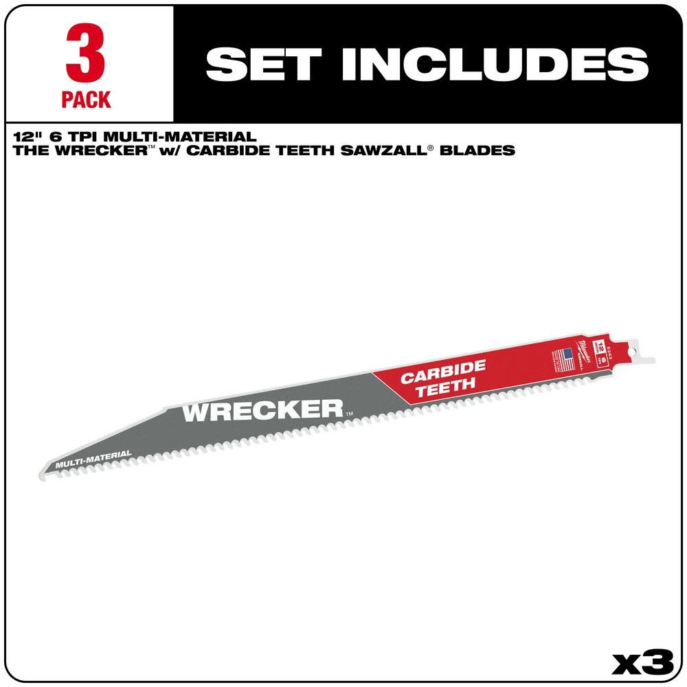 Milwaukee 12inch 6 TPI THE WRECKER with Carbide Teeth SAWZALL Blade 3PK, large image number 2