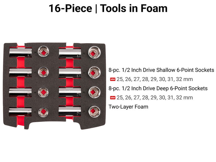 Tekton 1/2 Inch Shallow and Deep 6 Point Sockets, Drawer, 25-32 mm, 16 Pieces, large image number 2