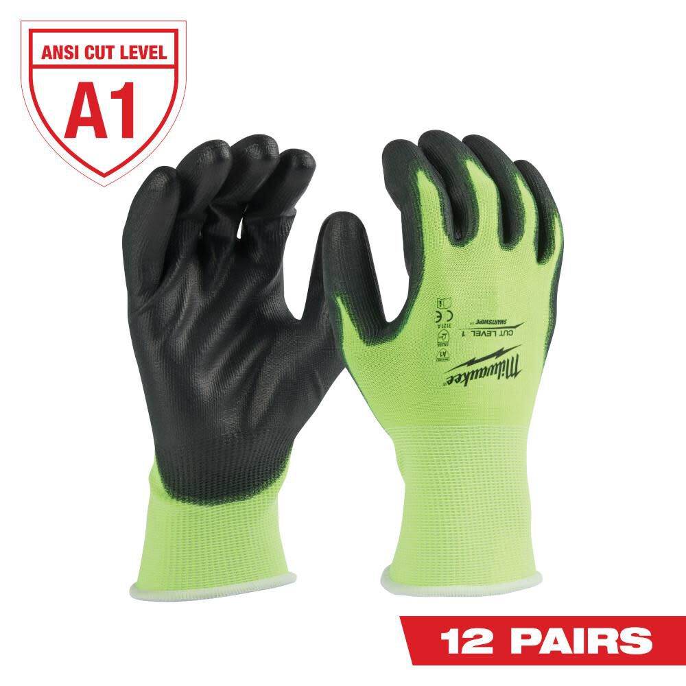 Milwaukee 12 Pair High Visibility Cut Level 1 Polyurethane Dipped Gloves Large