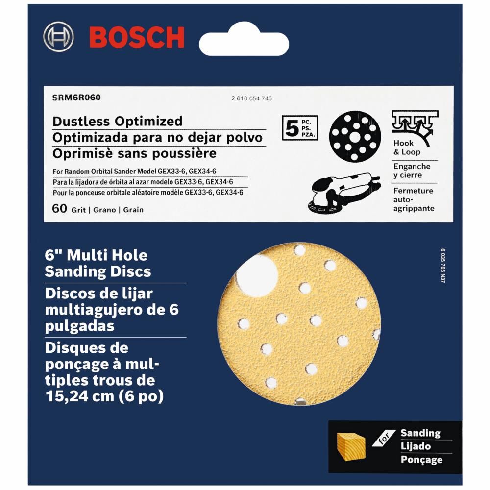 Bosch Multi Hole Hook and Loop Sanding Discs 60 Grit 6in 5pc, large image number 2