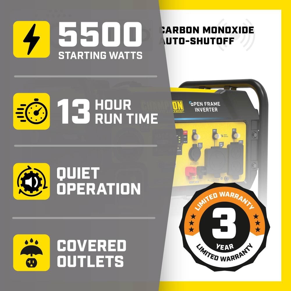 Champion Power Equipment 5500-Watt Gas Powered 50 State RV Ready Portable Open Frame Inverter Generator with Quiet Technology CARB Compliant, large image number 2
