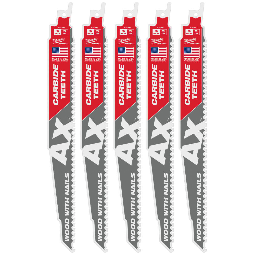 Milwaukee 9 in. 5 TPI The Ax Carbide Teeth SAWZALL Blades 5PK, large image number 1