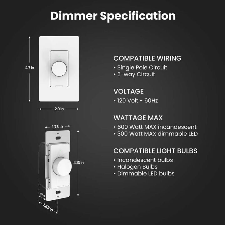 Feit Electric 300/600W Bulb Hardwired Rotary Smart-Enabled Dimmer Switch White, large image number 3