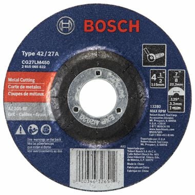 Bosch 4-1/2 In. 1/8 In. 7/8 In. Arbor Type 27 30 Grit Long-Life Grinding/Metal Cutting Abrasive Wheel, large image number 0