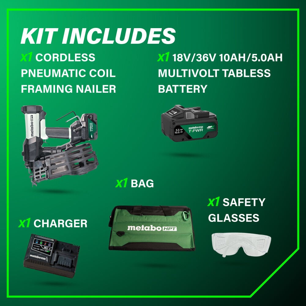 Metabo HPT Cordless Pneumatic 18V 15 Degree Coil Wire Collated Framing Nailer Kit, large image number 6