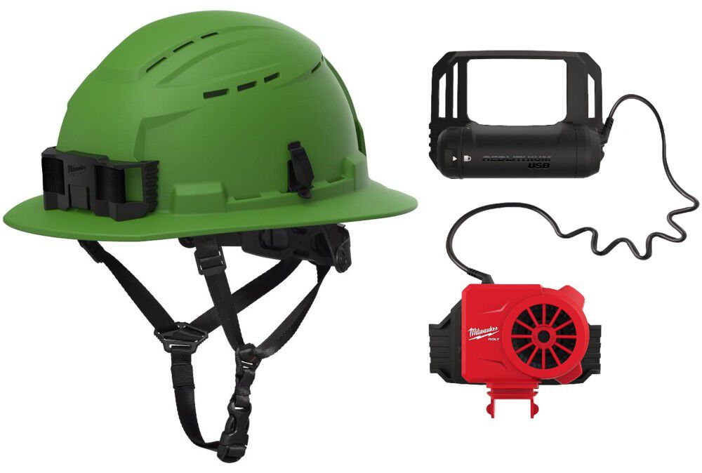 Milwaukee BOLT Green Full Brim Vented Safety Helmet Type 2 Class C & Cooling Fan Bundle, large image number 1
