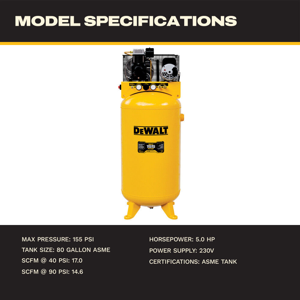 DEWALT 80-Gallon High-Flow 5 HP 155 PSI Cast Iron Oil-Lubricated Belt Drive Stationary Air Compressor, large image number 7